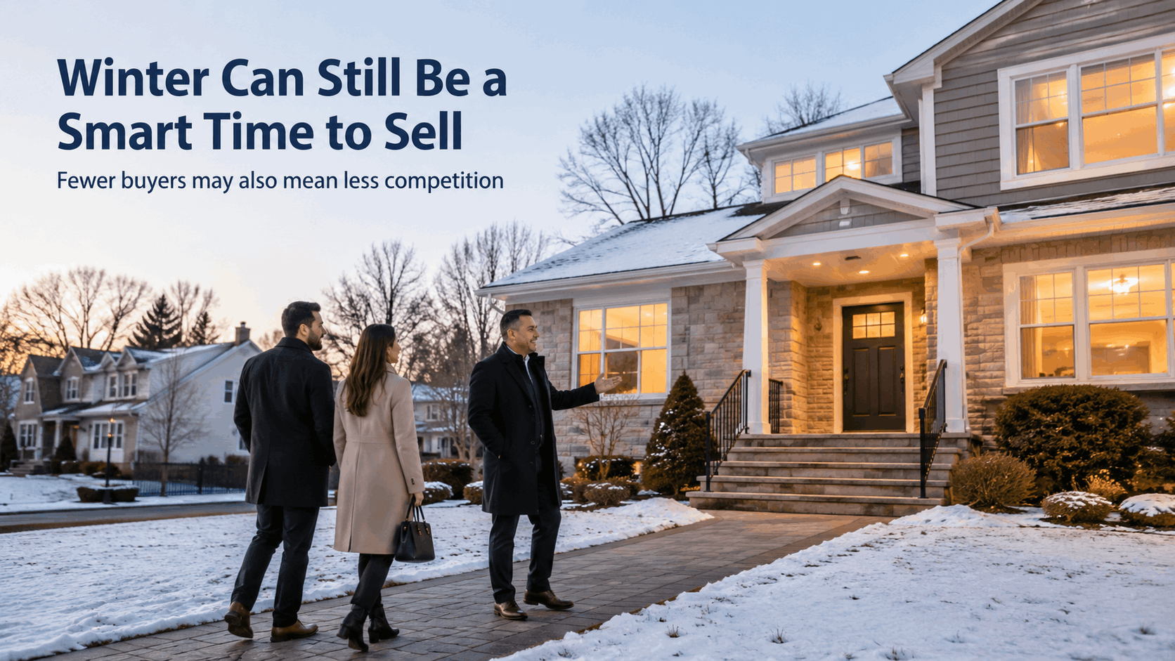 North Jersey real estate agent showing buyers a warm, move-in-ready Totowa home during winter with a cleared walkway and light snow.
