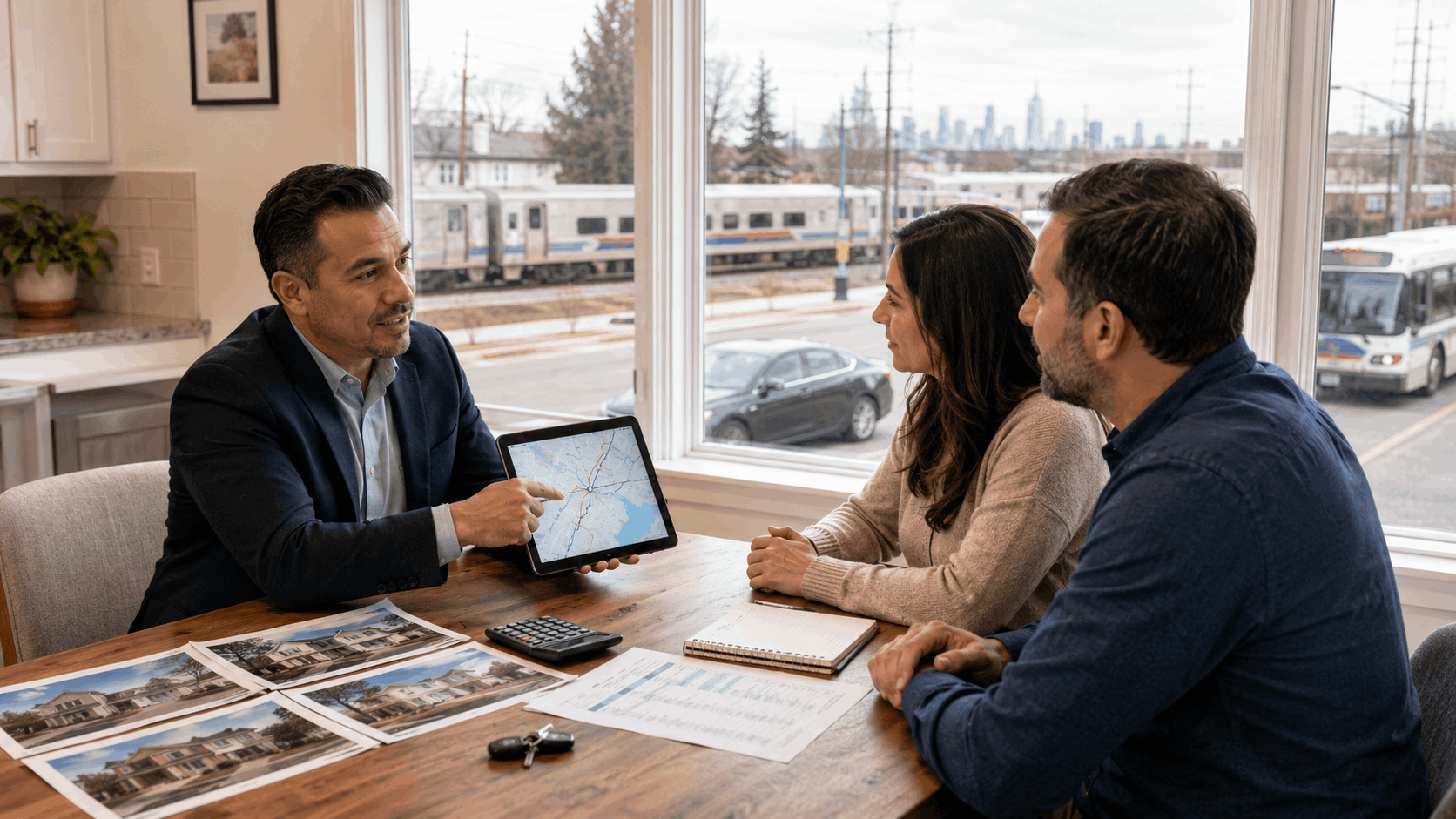 Latino real estate agent advising Passaic homebuyers on NYC commute options by train, bus, and car during a home consultation.
