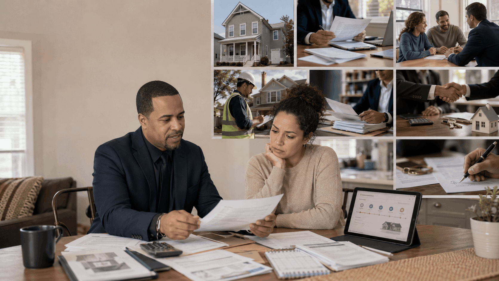 Latino real estate professional guiding a Passaic County homeowner through short-sale documents, lender review, property inspection, liens, buyer approval, and closing steps.