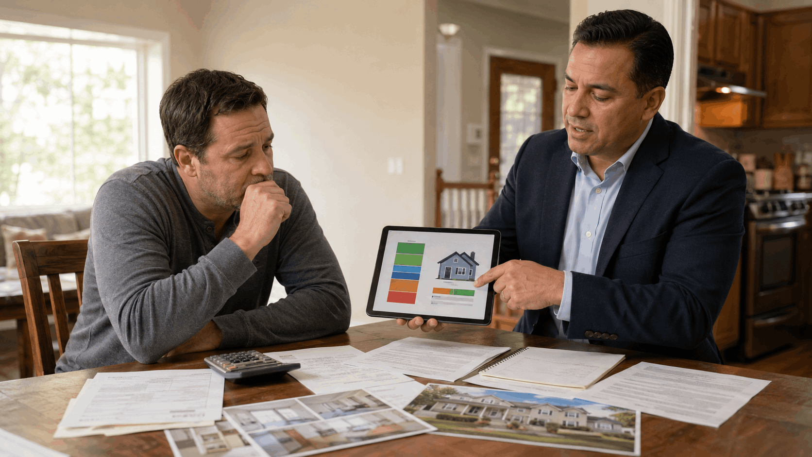 Concerned North Jersey homeowner reviewing home equity, mortgage payoff, liens, and selling costs with a real estate professional during a private consultation.