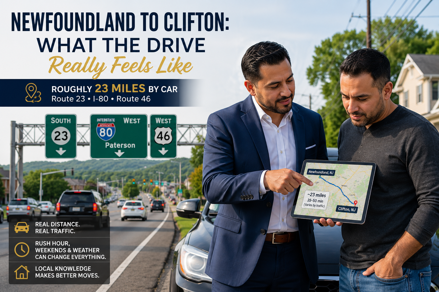 Real estate agent explaining the Newfoundland NJ to Clifton NJ distance, commute, and Route 23, I-80, Route 46 travel options to a North Jersey buyer.