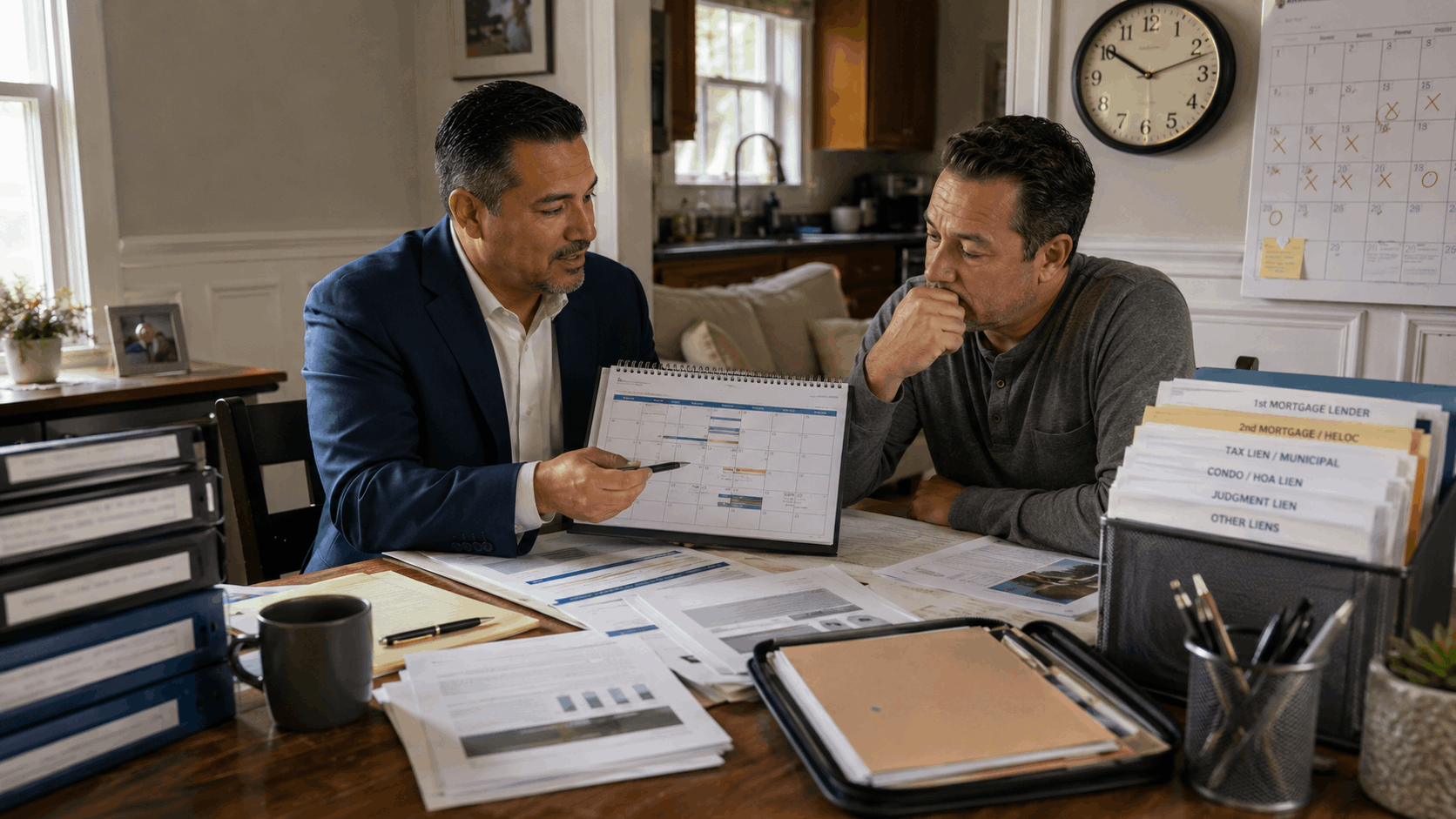 Latino real estate professional explaining a Passaic County short sale timeline to a concerned homeowner using lender files, a calendar, and mortgage documents.