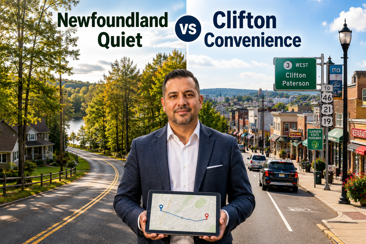 Latino real estate professional comparing Newfoundland NJ quiet wooded lifestyle with Clifton NJ convenience, commute access, homes, shops, and North Jersey living.