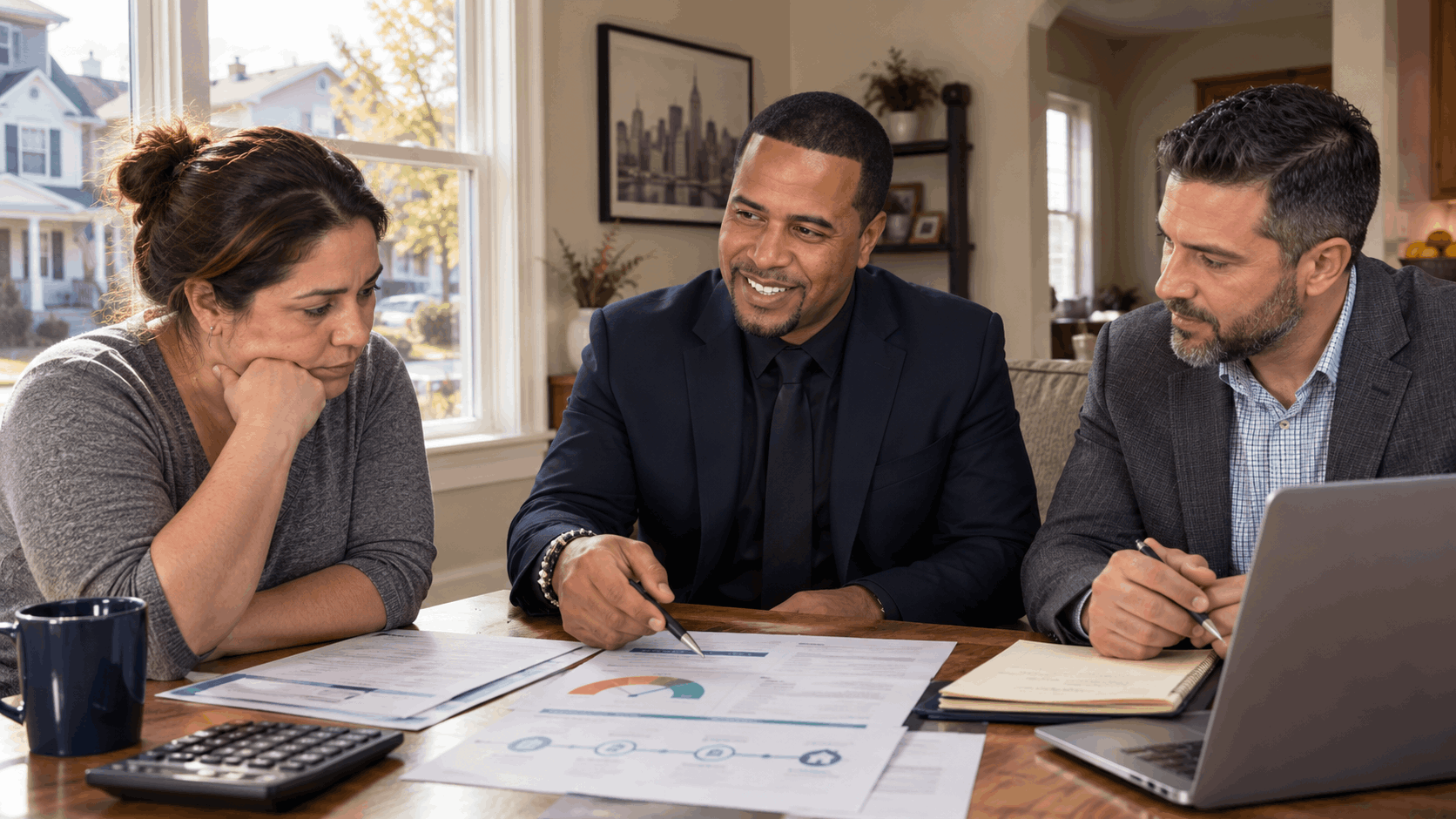 Latino real estate professional and mortgage adviser reviewing credit and short sale documents with a concerned North Jersey homeowner.