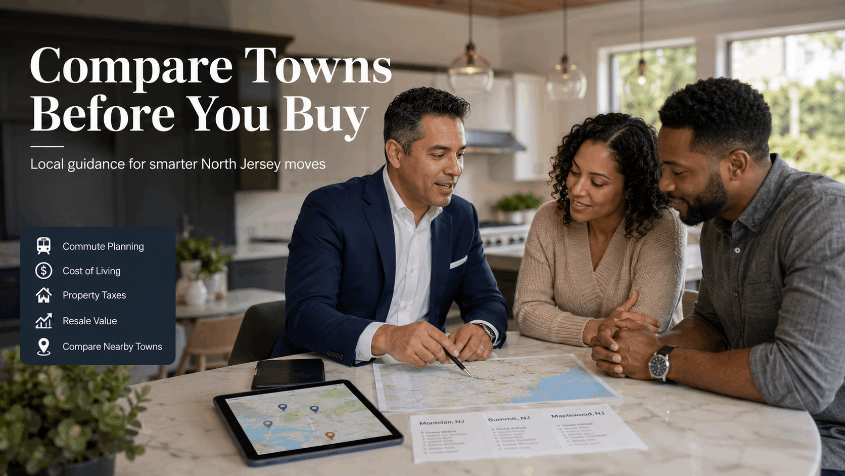 Latino real estate agent helping North Jersey buyers compare towns, commute, cost of living, property taxes, and home options.