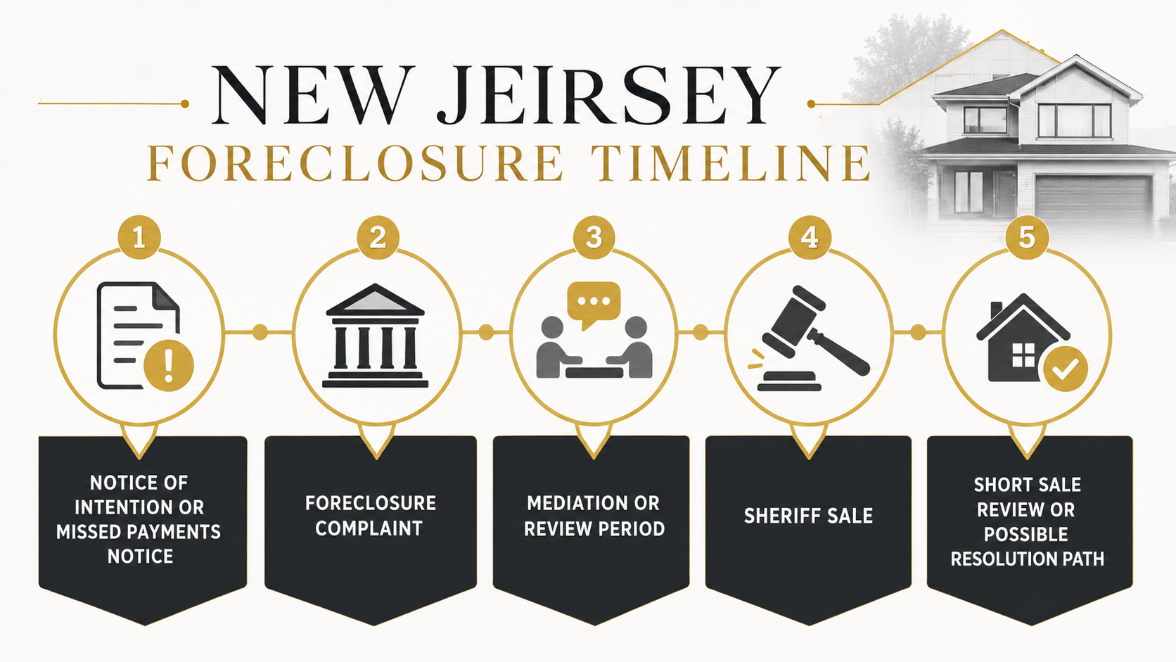 New Jersey foreclosure timeline showing notice complaint mediation sheriff sale and short sale review