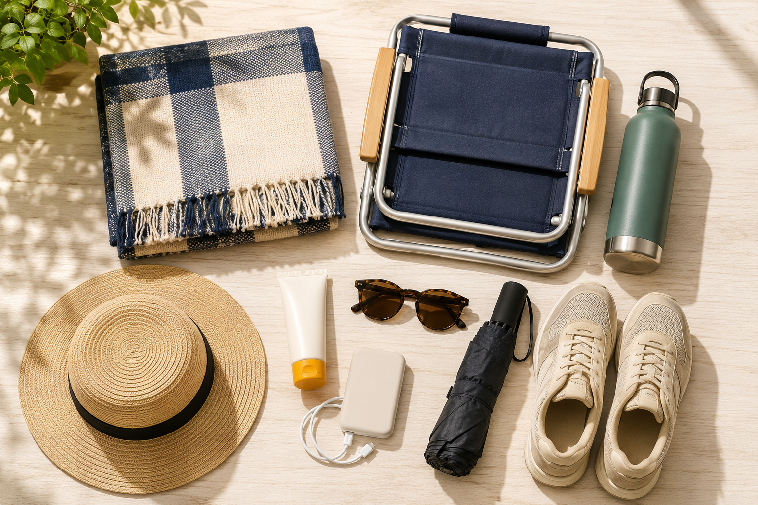Lawn chair, water, sunscreen, and other outdoor festival essentials.