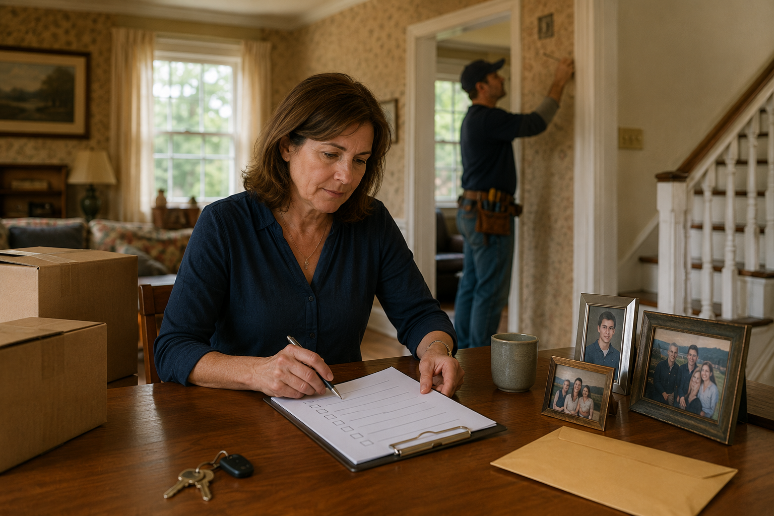 An executor organizing belongings and property responsibilities in an inherited home.