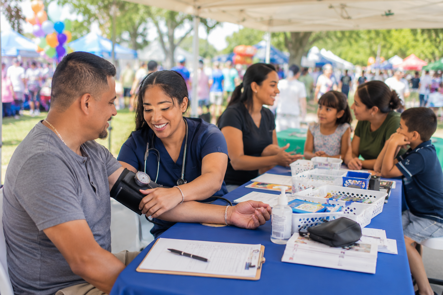 Community health screening tent at an outdoor festival in Orange, NJ.