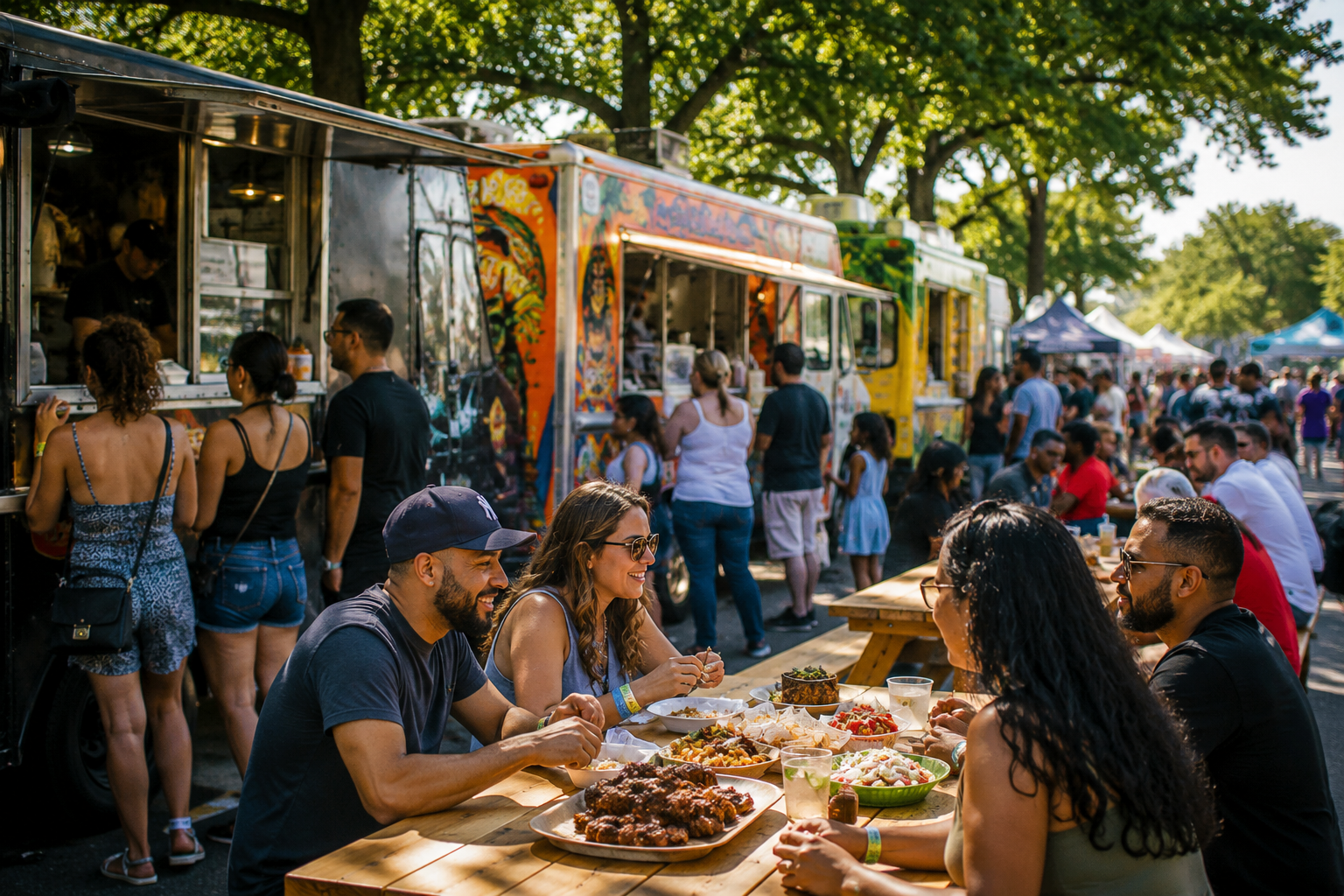 Food trucks serving families at a North Jersey summer festival.