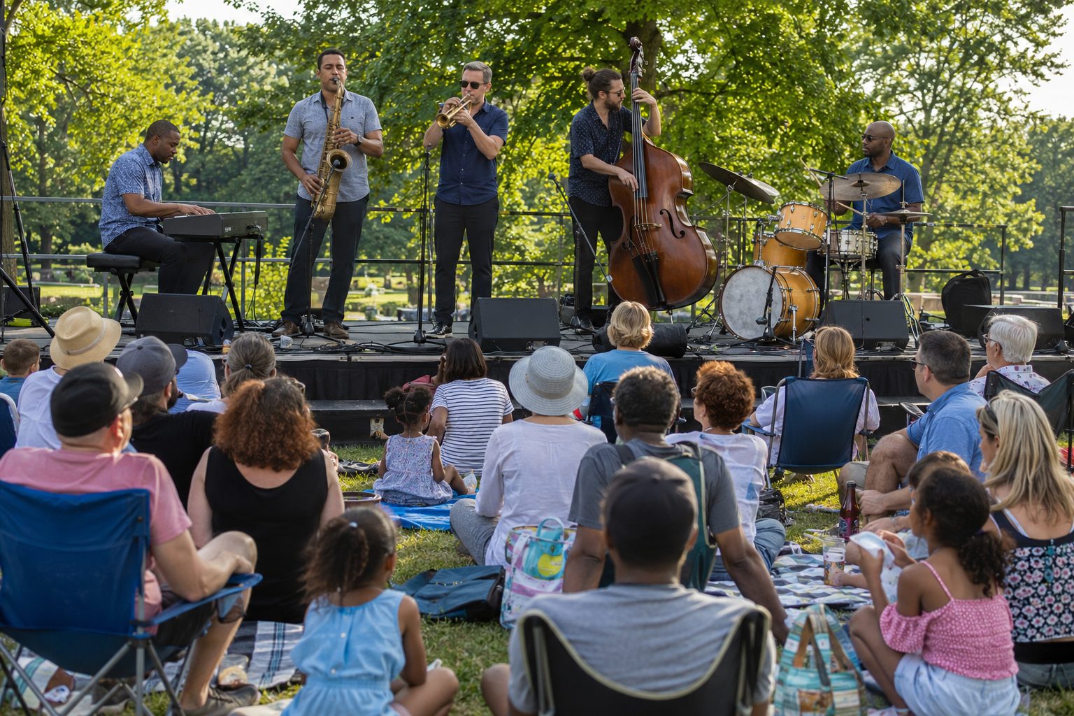 Jazz musicians performing at an outdoor North Jersey festival.