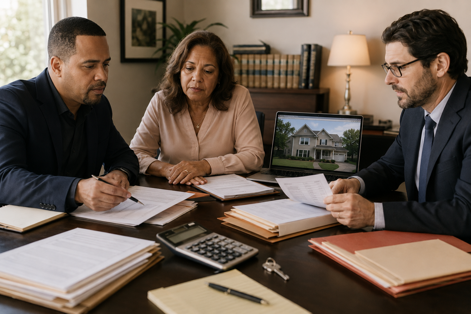 Executor and real estate professionals reviewing title and mortgage concerns for a probate property.