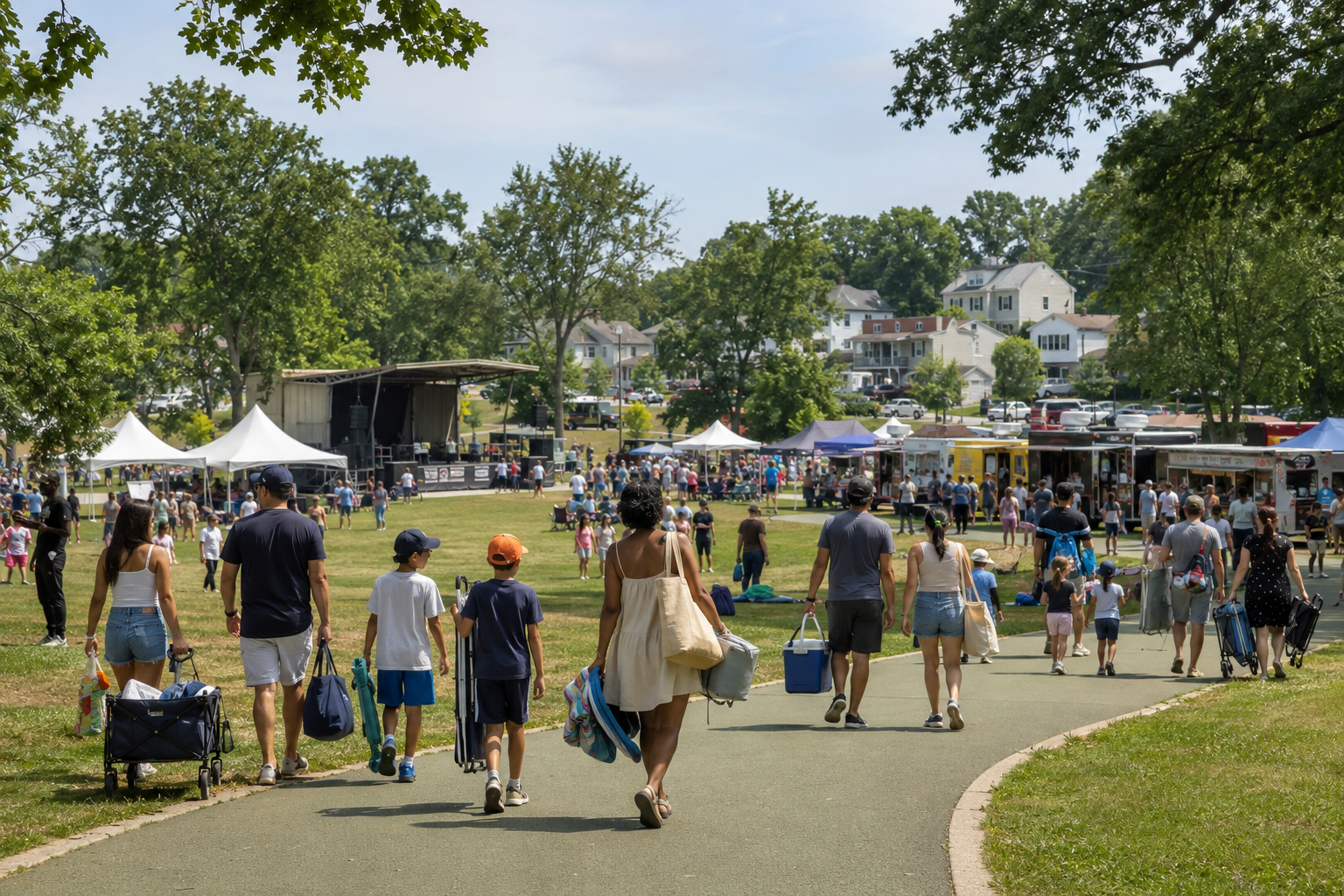 Families arriving with folding chairs and picnic blankets at a summer festival in a North Jersey county park with tents, food trucks, a stage, and nearby homes.