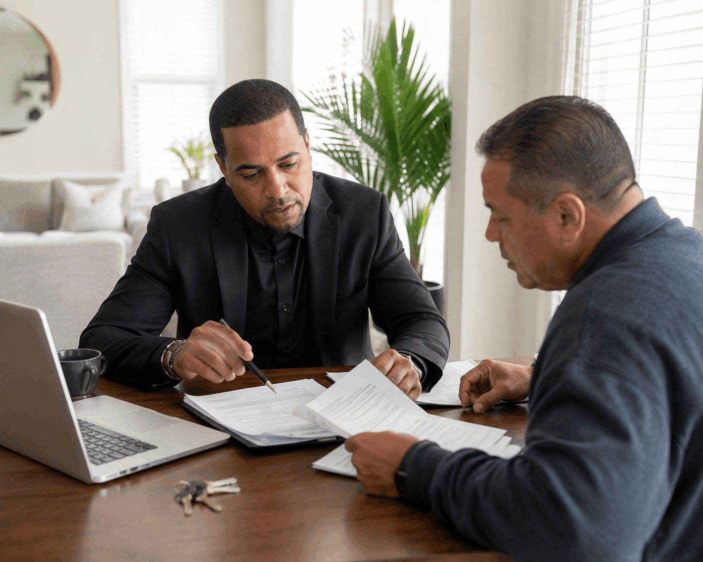 Real estate agent reviewing a short sale offer with a New Jersey homeowner.