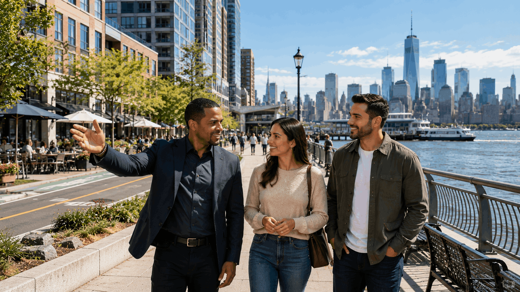 Latino realtor showing first-time buyers Downtown Jersey City waterfront living, with condos, cafés, ferry access, and Manhattan skyline views.