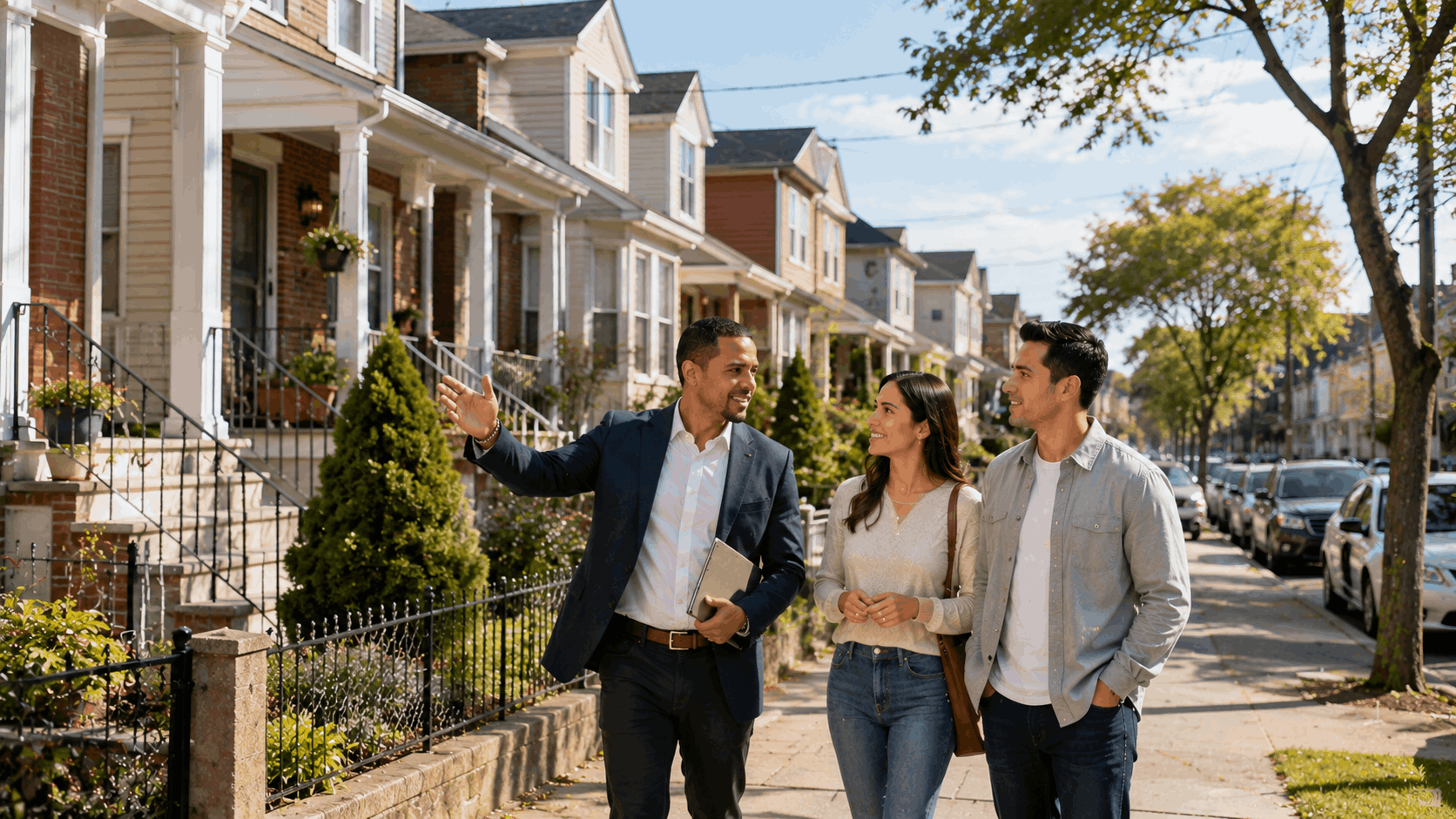 Latino realtor guiding first-time buyers through Greenville, Jersey City, with spacious residential homes, porches, mature trees, and a community-focused street setting.