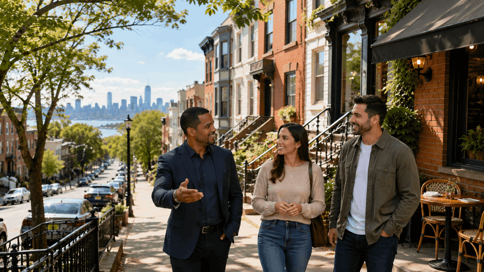 Latino realtor walking with first-time buyers along a tree-lined Jersey City Heights street with brownstones, local café seating, and Manhattan skyline views.