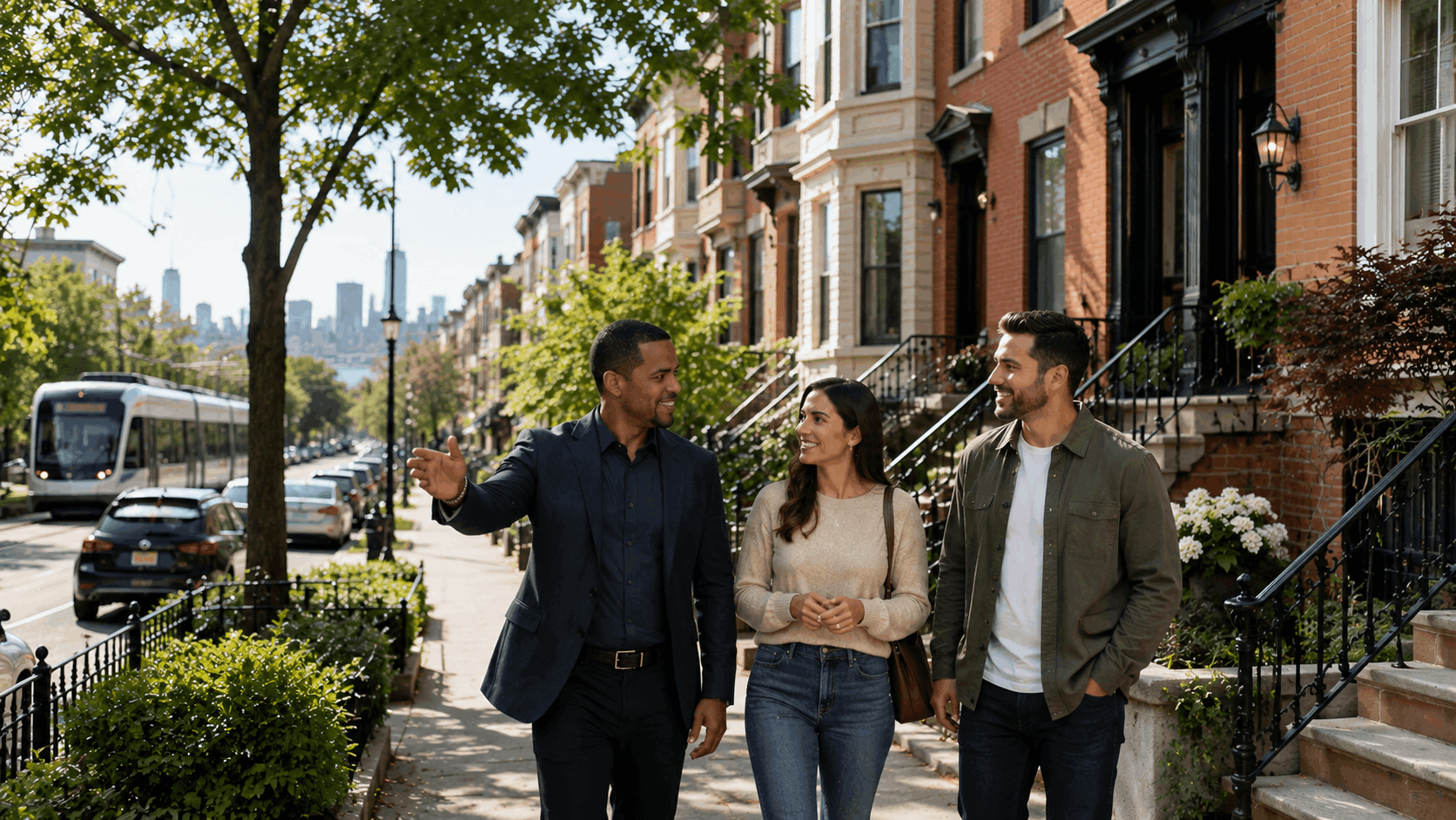 Latino realtor guiding first-time buyers through Bergen-Lafayette, Jersey City, with historic homes, light rail access, trees, and skyline views.