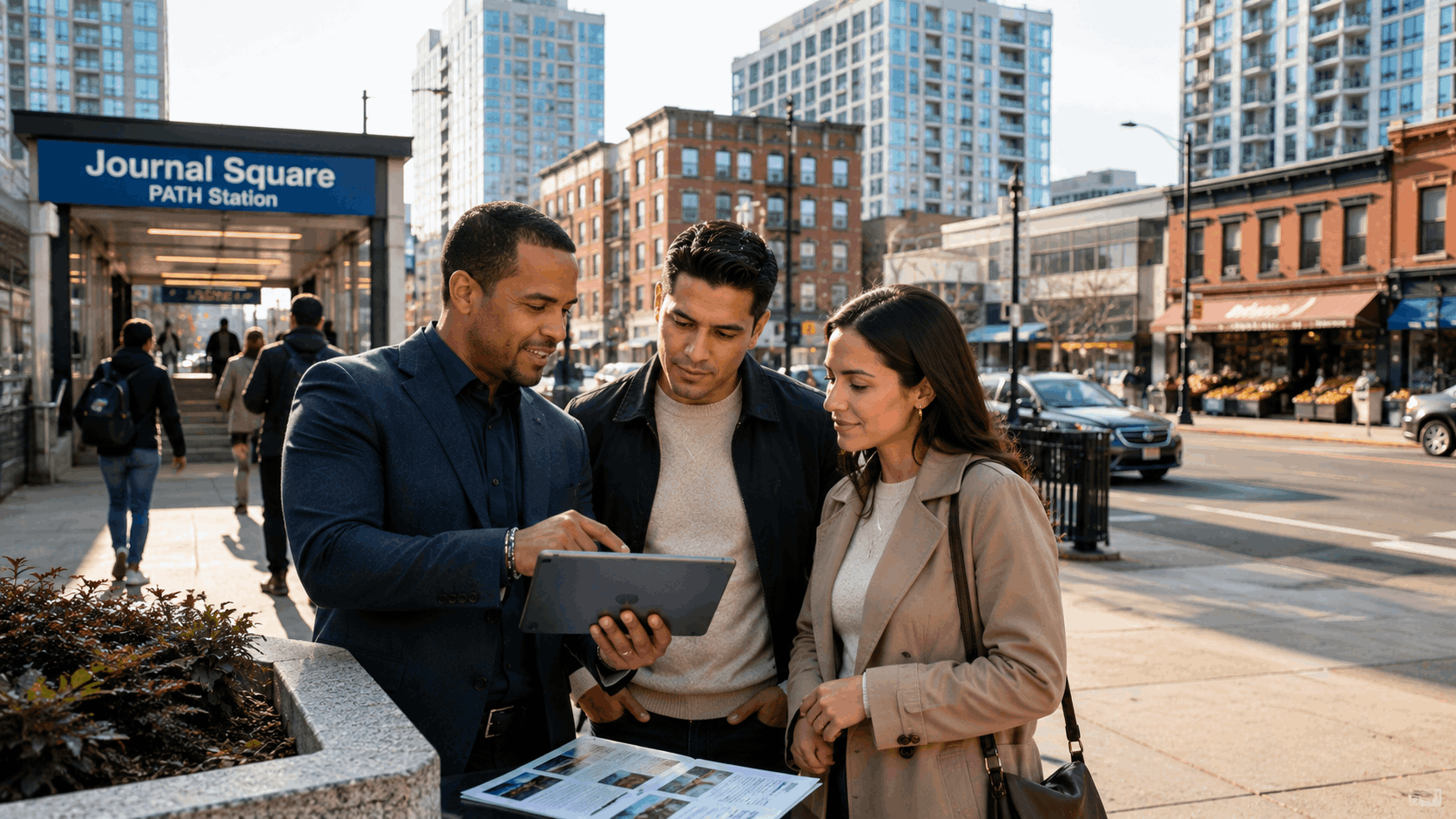 Latino realtor helping first-time buyers compare homes outside Journal Square PATH Station, with Jersey City high-rises, shops, and commuters nearby.