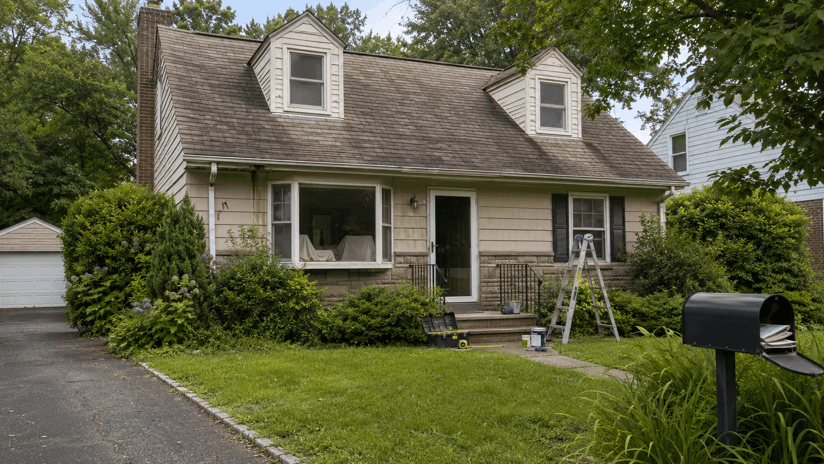 Older inherited North Jersey probate home with an aging roof, overgrown landscaping, covered furniture, a full mailbox, and contractor tools near the entrance.