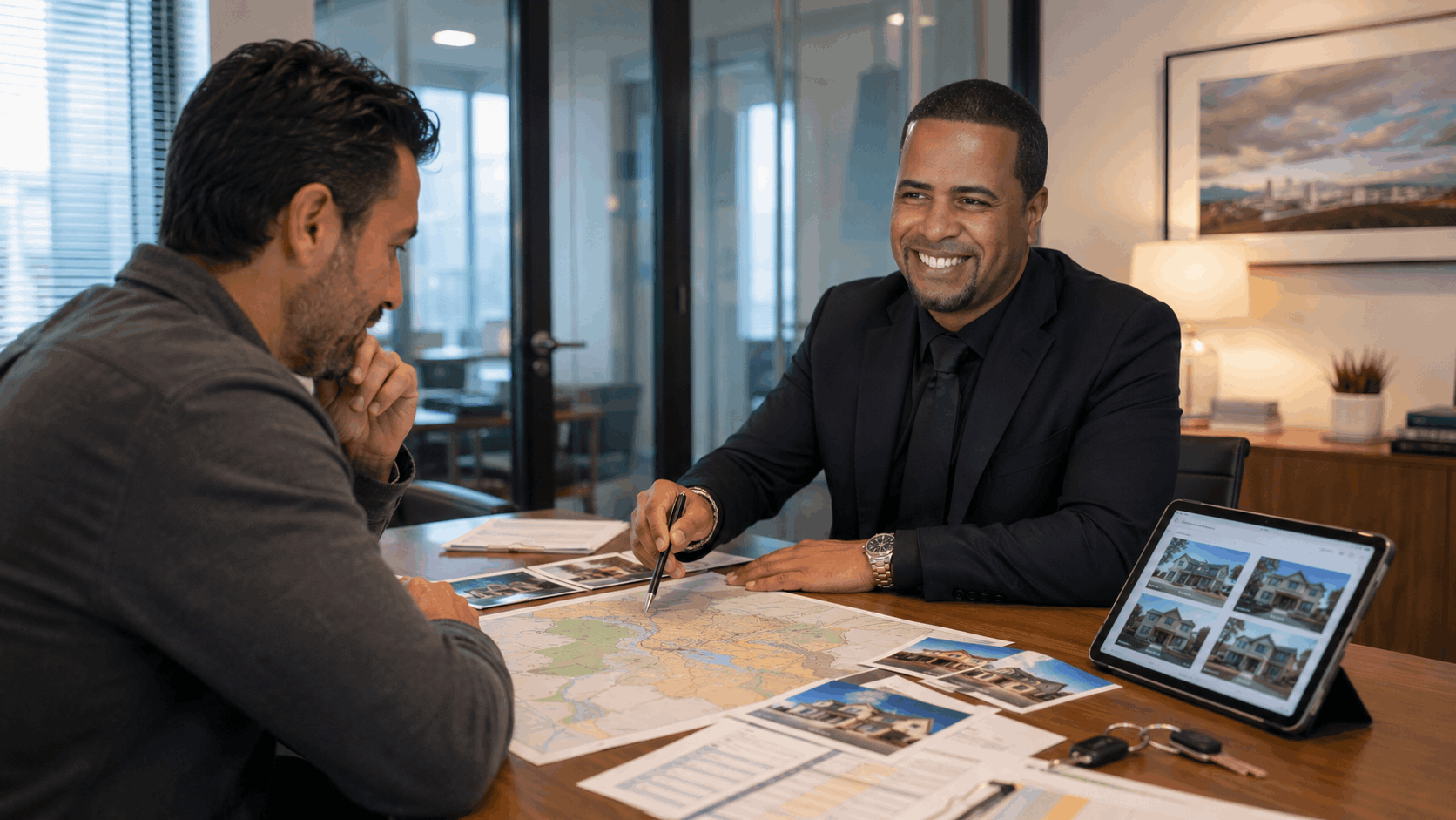 Johnny Rodriguez helping a buyer compare homes in Clifton and nearby North Jersey communities