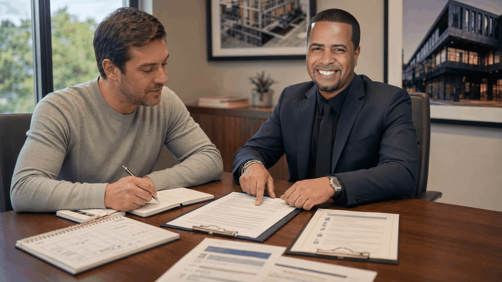 Johnny Rodriguez helping a homeowner review proof of funds, deposits, and cash-offer contract terms.