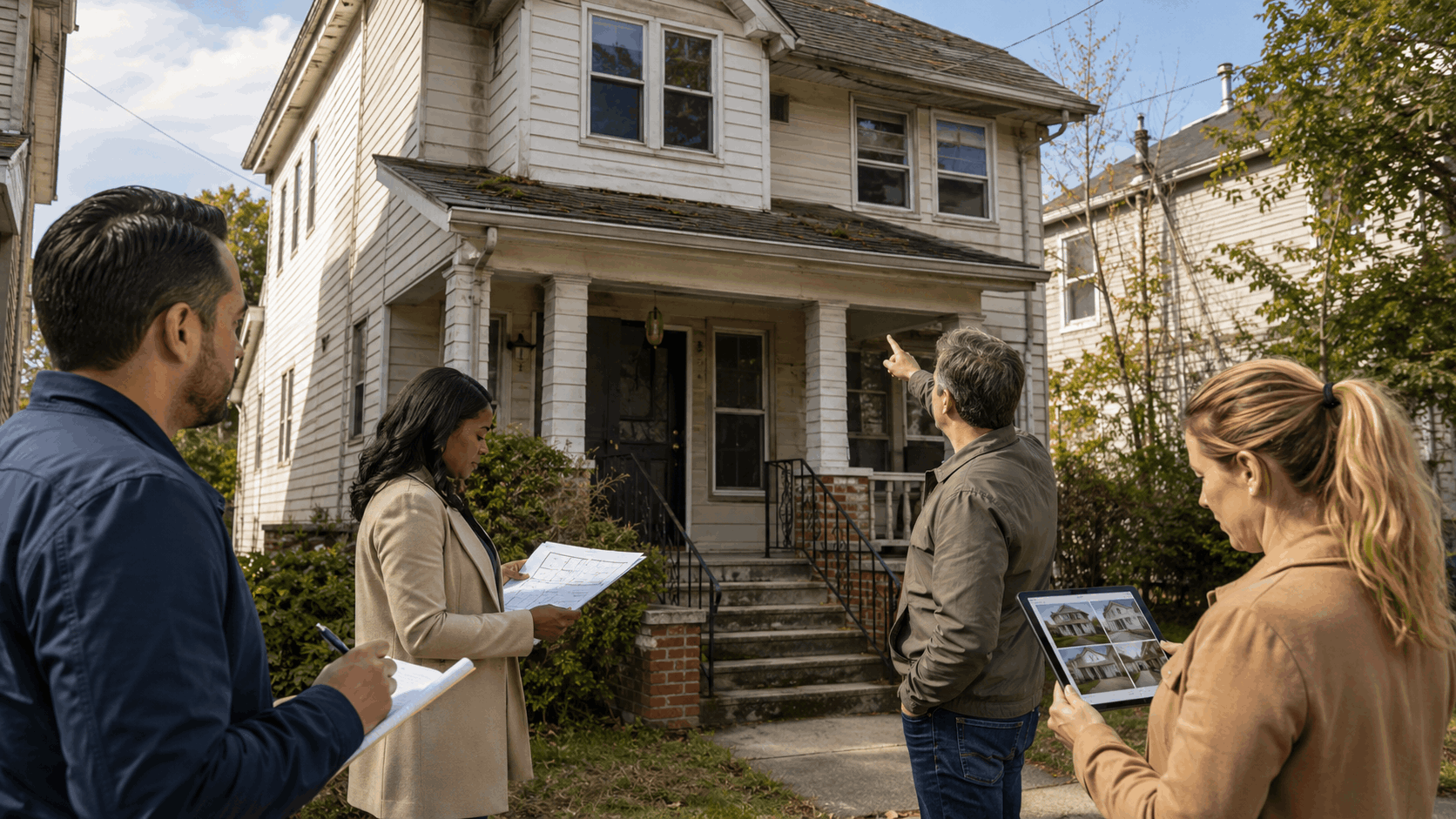 Different types of cash home buyers evaluating a property in Passaic County, New Jersey.