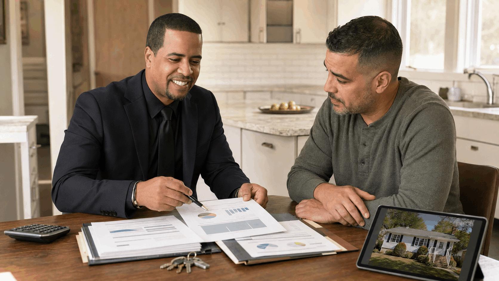 North Jersey homeowner reviewing mortgage debt and expected sale proceeds with short sale specialist Johnny Rodriguez.