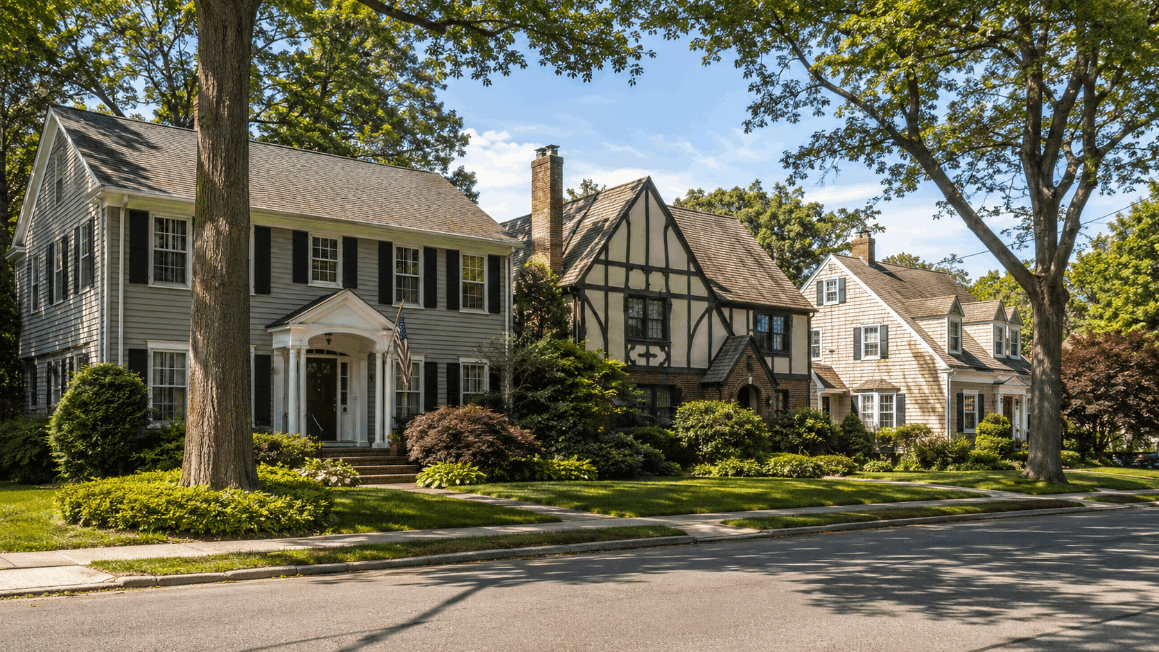 Colonial, Tudor, and Cape Cod-style homes on an established street in Ridgewood, New Jersey.