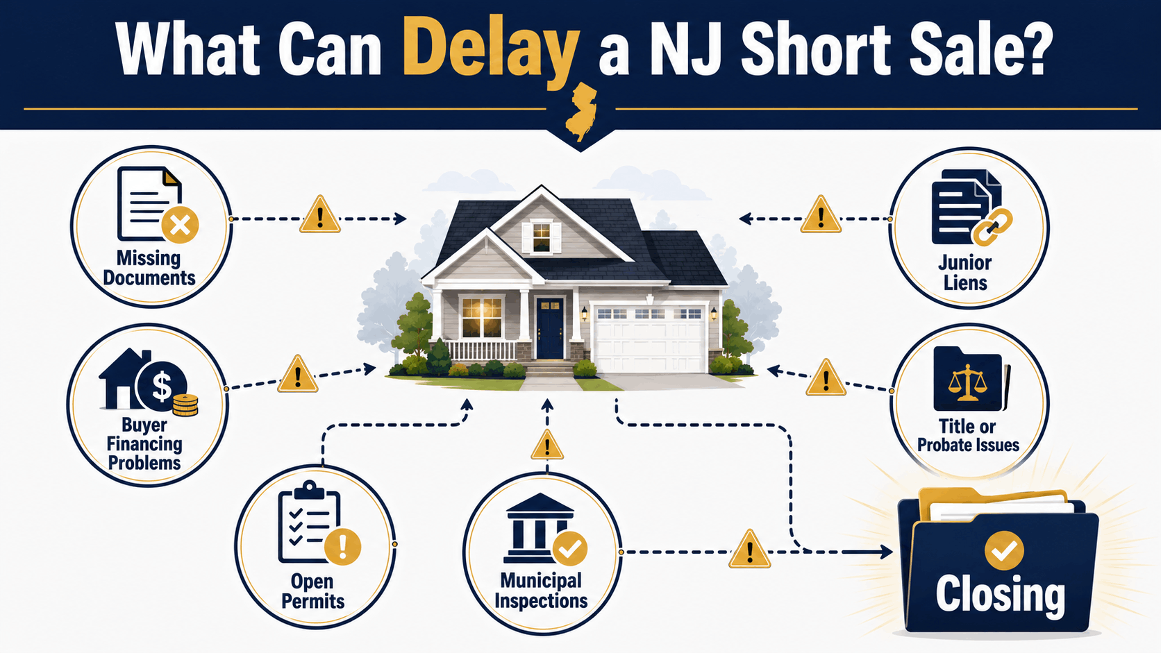 Common New Jersey short sale delays, including missing documents, liens, title problems, permits, and buyer financing.