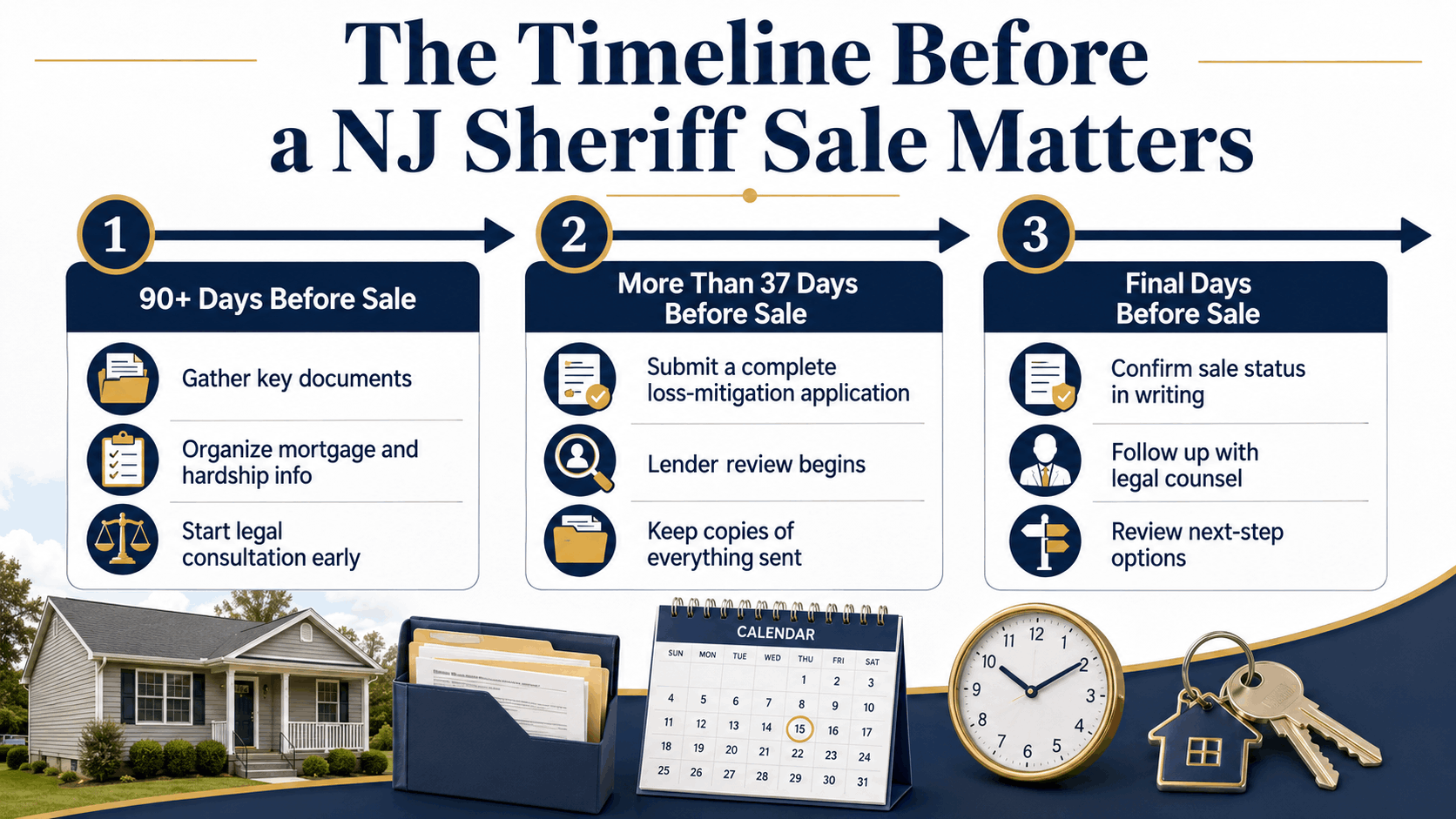 Timeline showing important stages before a New Jersey sheriff sale, including the 90-day and 37-day loss-mitigation benchmarks.
