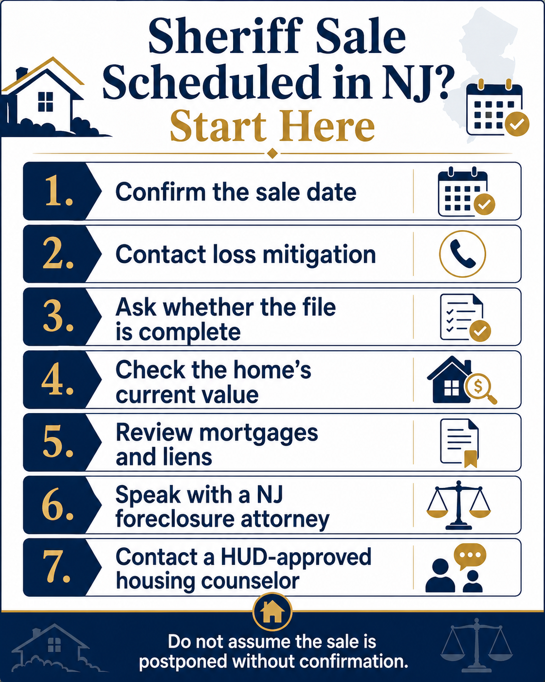 Seven immediate steps for New Jersey homeowners after a sheriff sale has been scheduled.