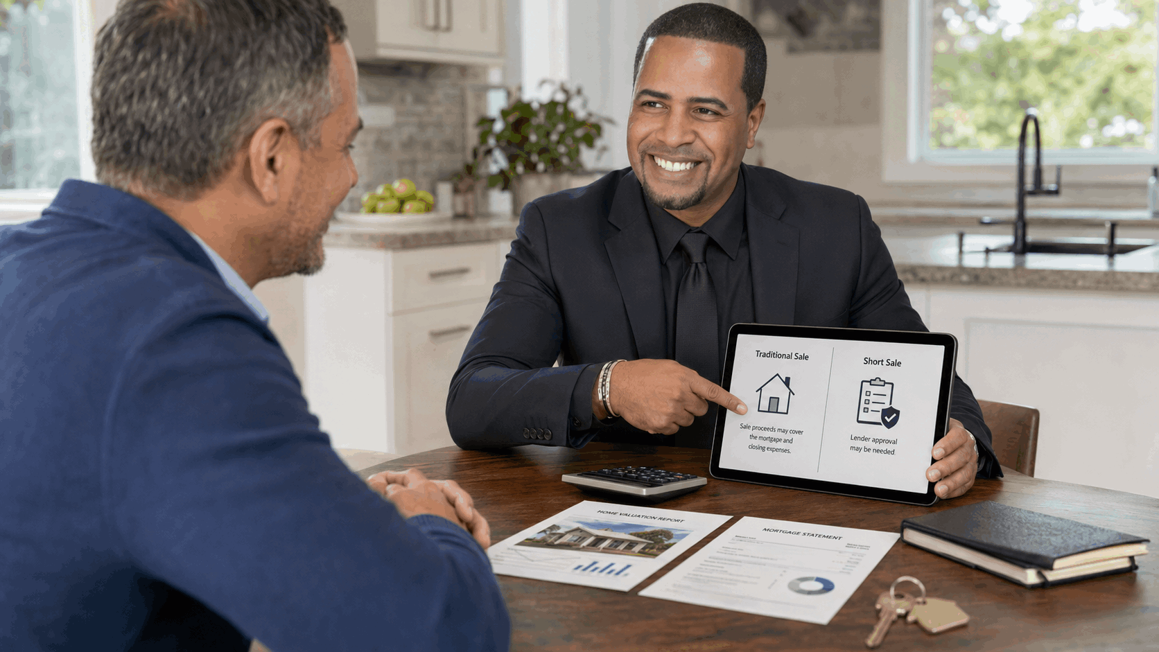 Johnny Rodriguez helping a North Jersey homeowner compare a traditional sale with a lender-approved short sale.