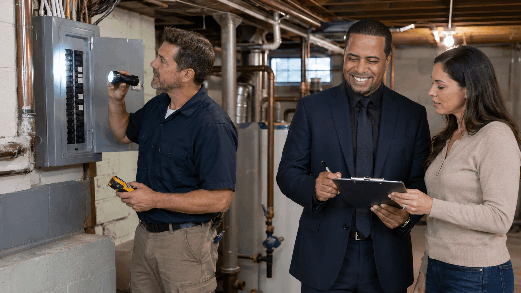 Johnny Rodriguez and a home inspector examine the systems in an older Ridgewood, NJ, property.