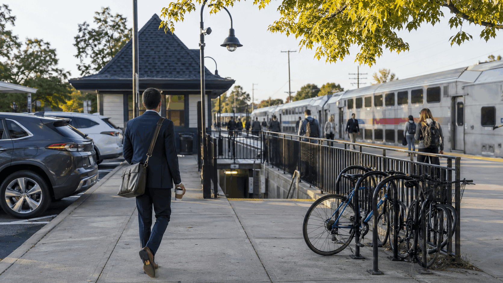 Morning commuter walking toward Ridgewood Station for NJ Transit service toward New York City.