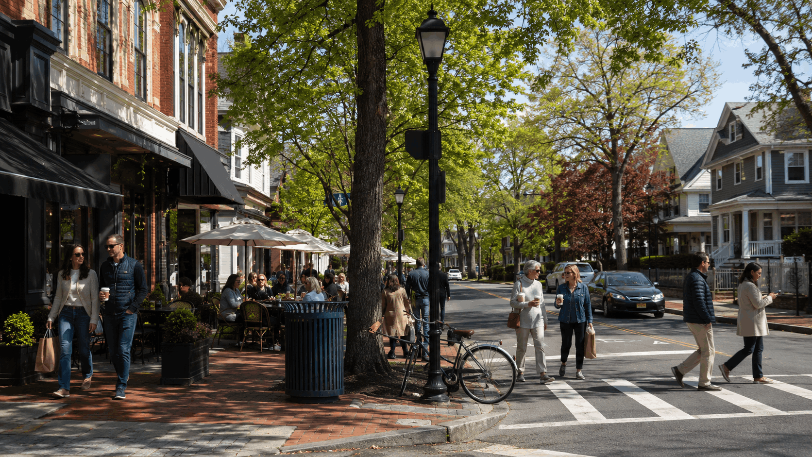 Downtown Ridgewood, NJ, with local shops, pedestrians, mature trees, and established residential streets.