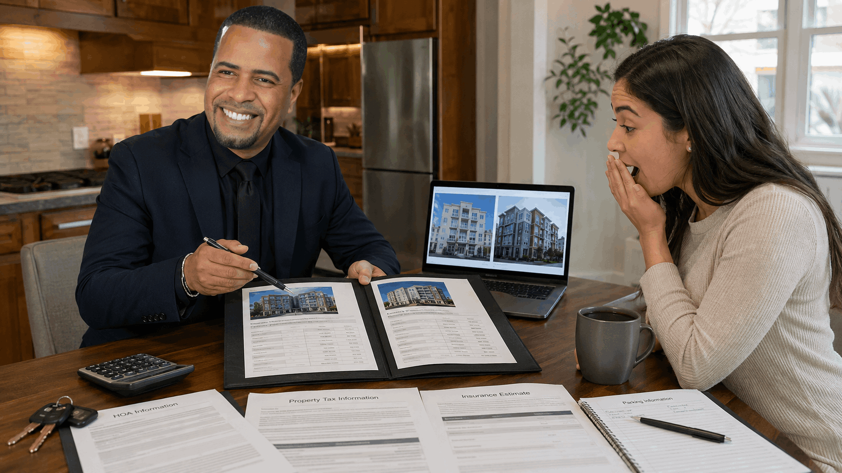 Johnny Rodriguez comparing HOA fees, taxes, insurance, and monthly payments with a first-time buyer.