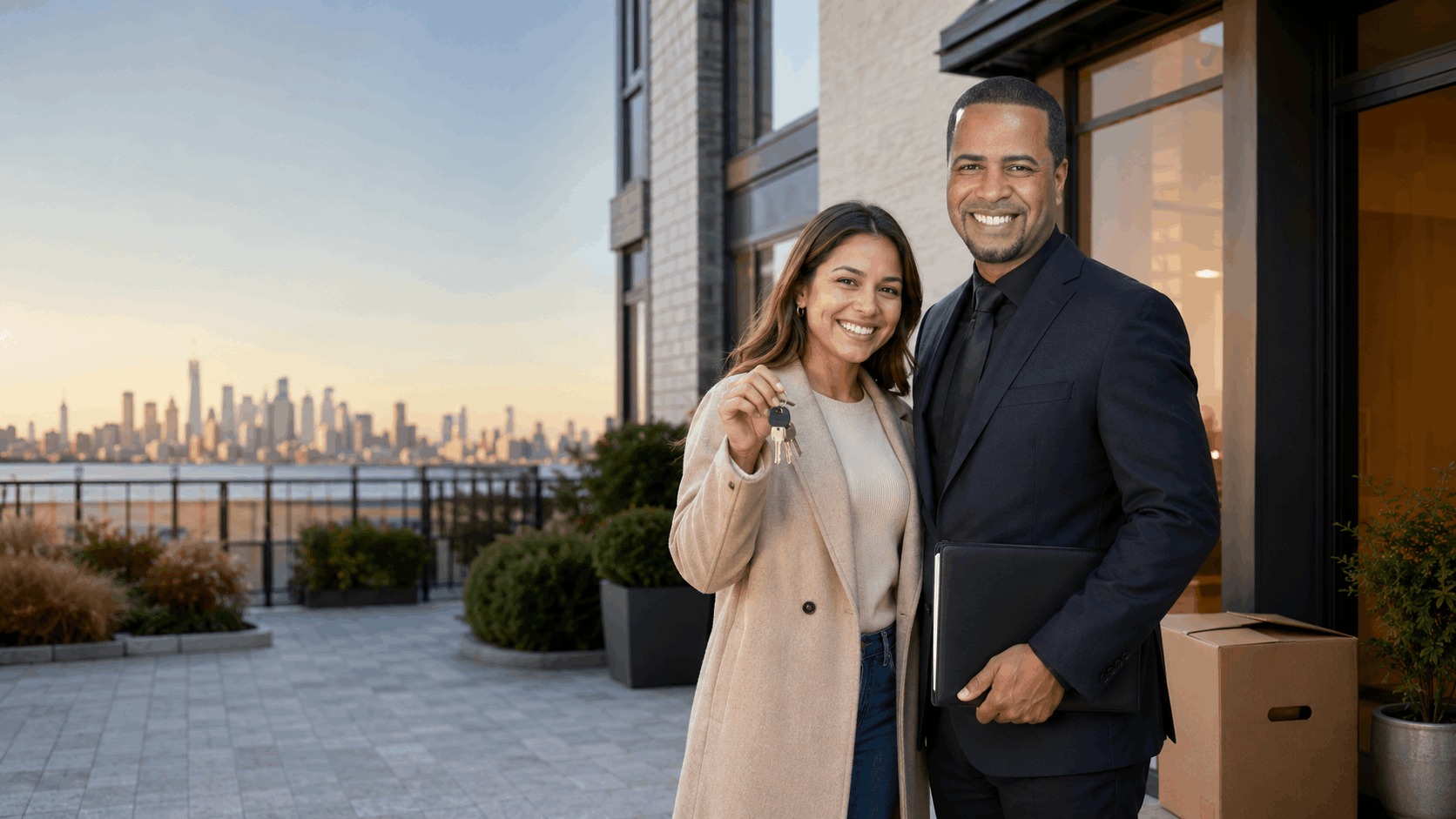 Johnny Rodriguez celebrating a successful Hudson County home purchase with a first-time buyer.
