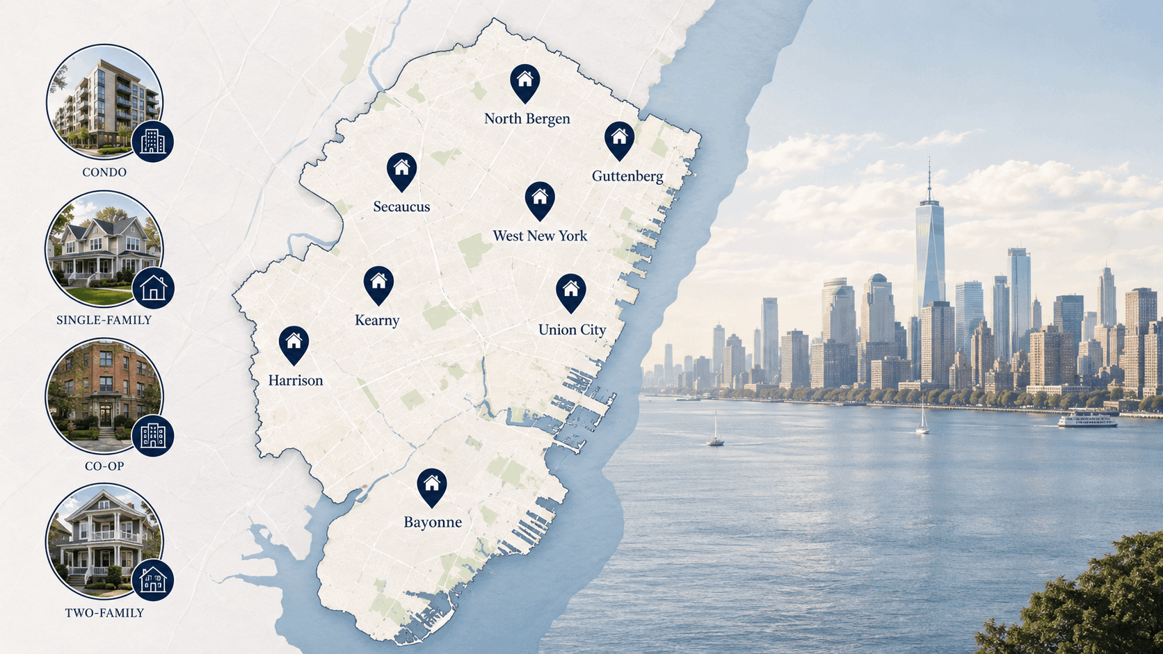 Map of affordable Hudson County cities for first-time homebuyers in 2026.