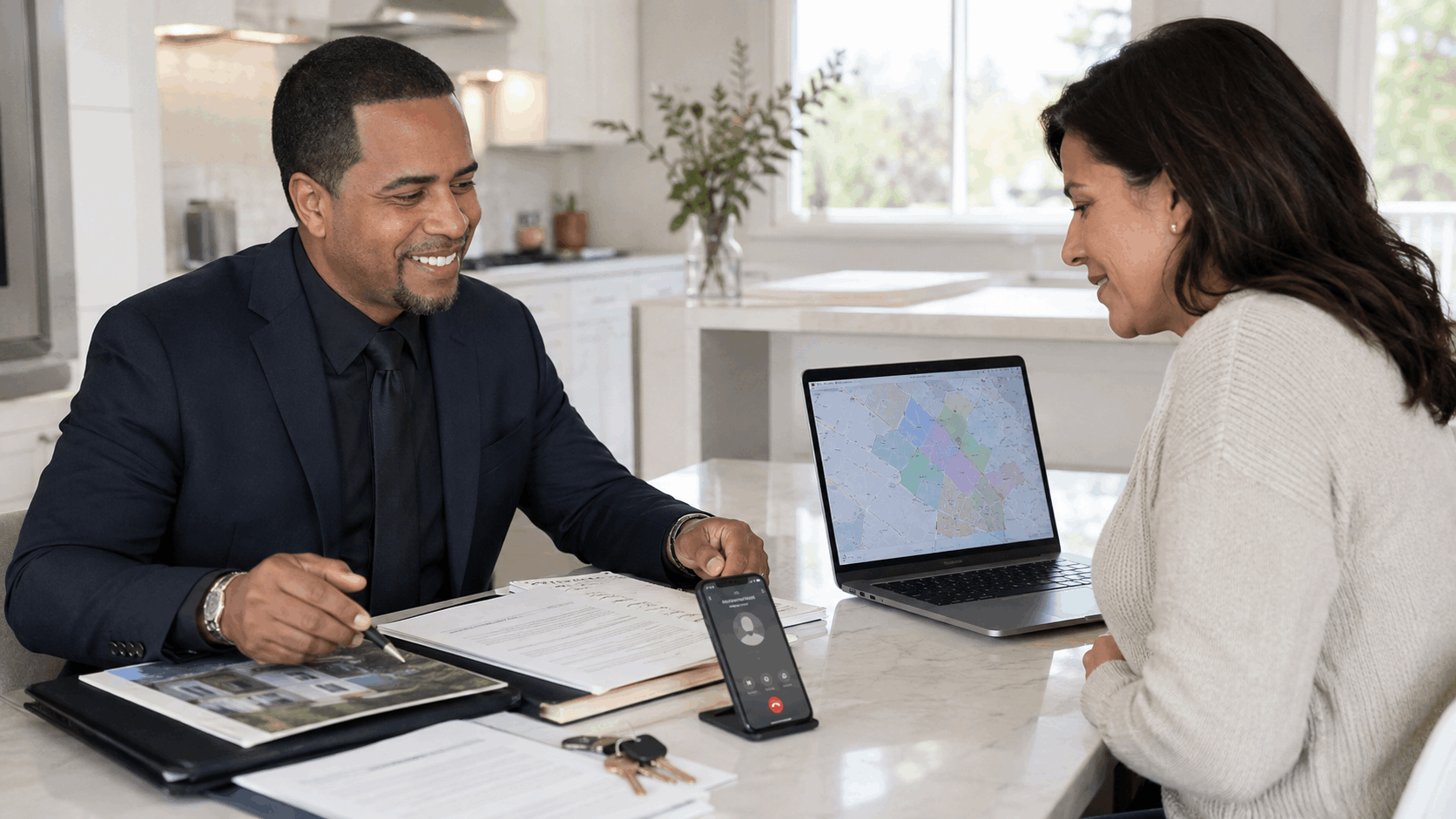 Johnny Rodriguez helping a buyer verify the assigned school for a North Jersey property.