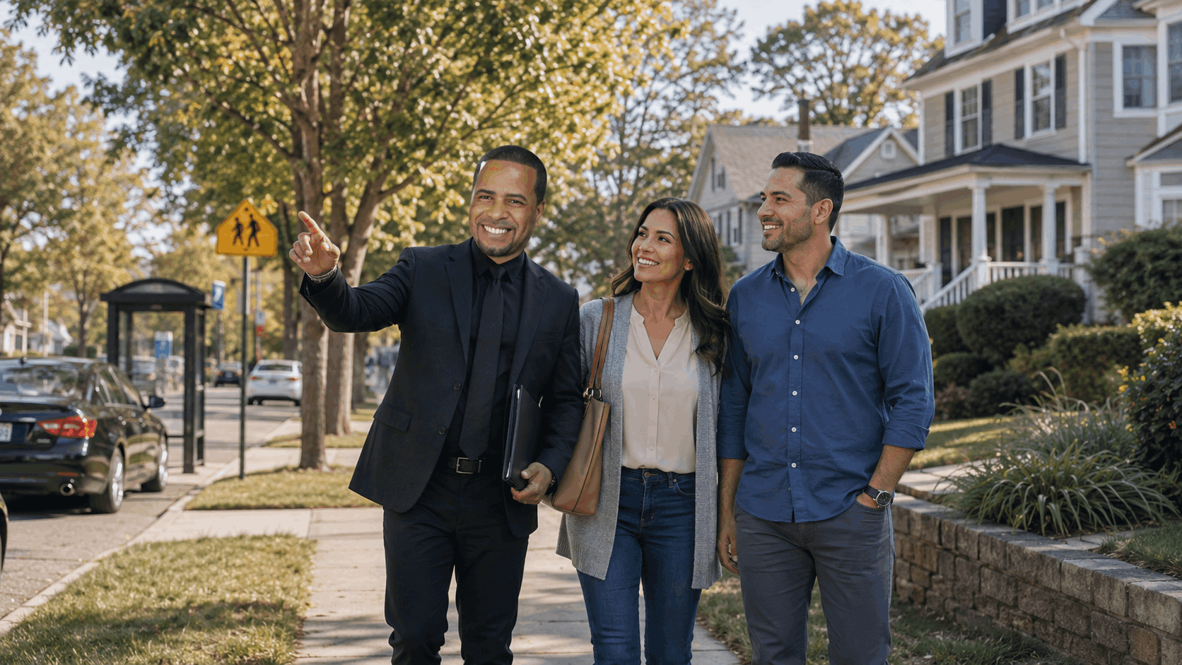 Johnny Rodriguez touring a North Jersey neighborhood with homebuyers before they make an offer.