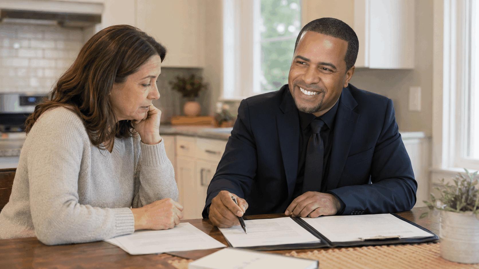 Johnny Rodriguez reviews mortgage documents and a clear action plan with a concerned North Jersey homeowner at a kitchen table.