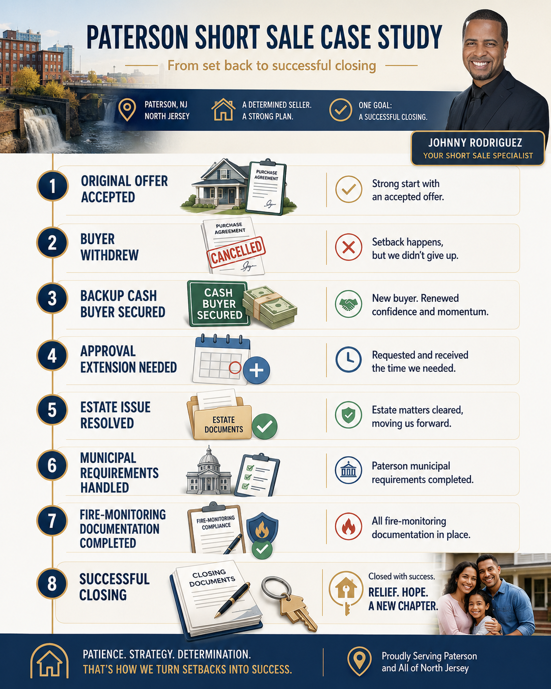 Timeline infographic showing a Paterson, NJ short sale case study, from accepted offer and buyer withdrawal to backup cash buyer, approval extension, estate resolution, municipal and fire-monitoring requirements, and a successful closing with Johnny Rodriguez.