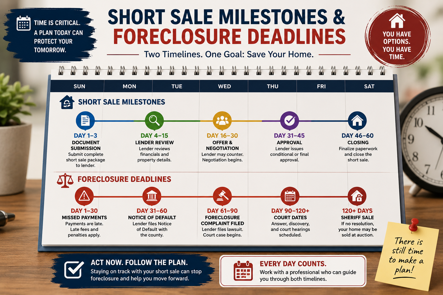Calendar infographic showing short sale milestones and foreclosure deadlines, including document submission, lender review, court dates, approval, and closing.