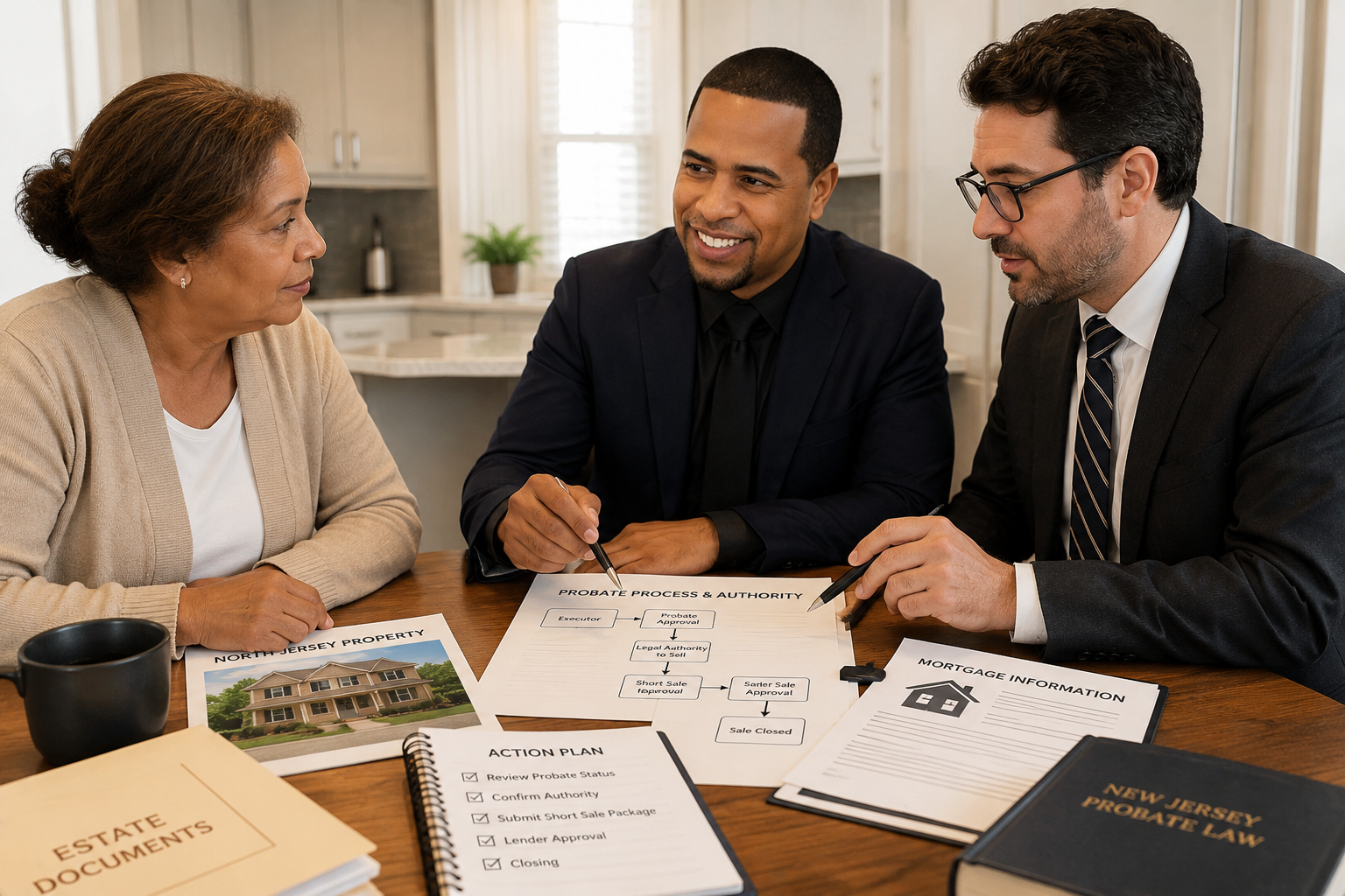Executor meets with Johnny Rodriguez and an estate attorney to review probate documents, mortgage information, and short-sale approval for a North Jersey property.