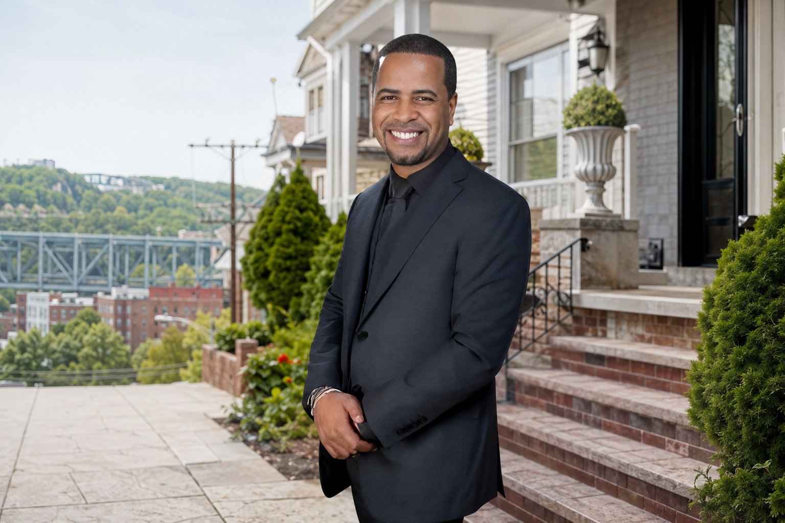 Johnny Rodriguez standing outside a North Jersey home, representing real estate services in Paterson, Clifton, Passaic County, and Bergen County, New Jersey.