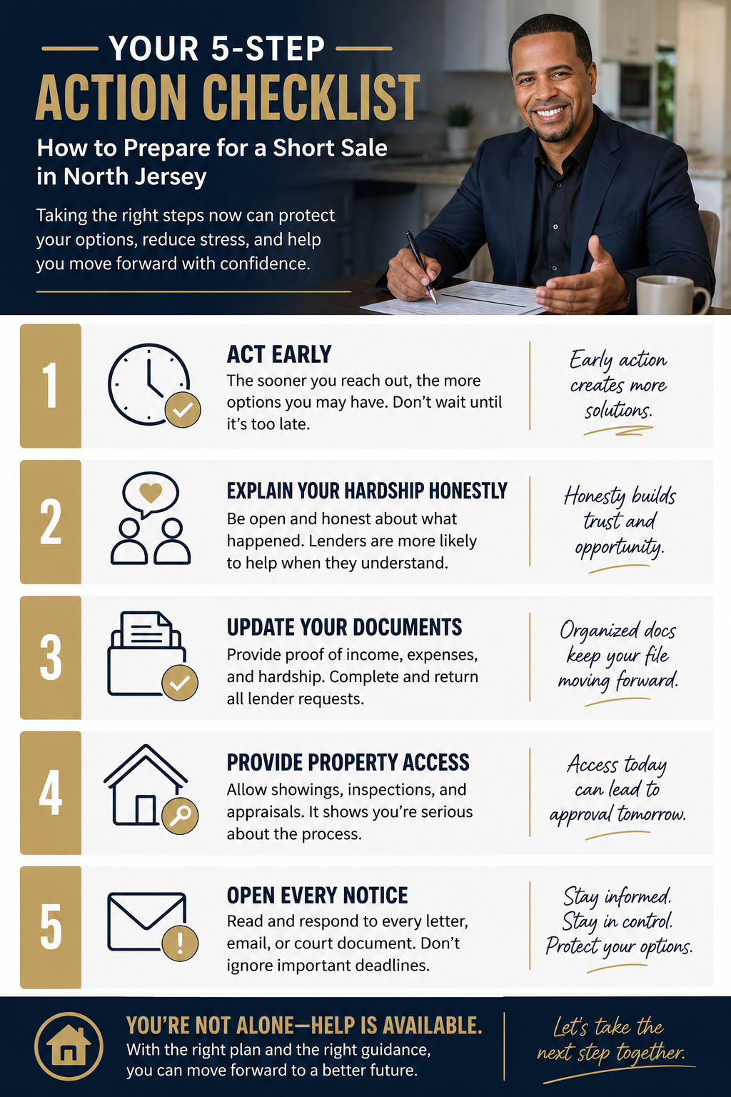 Five-step North Jersey short sale preparation checklist covering early action, honest hardship explanations, updated documents, property access, and lender or court notices.