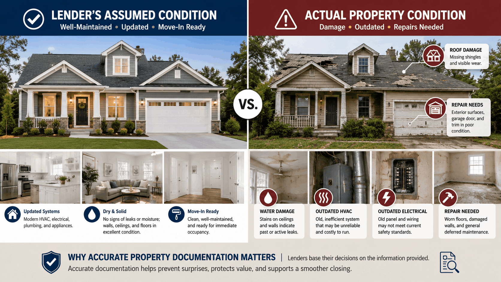 Before-and-after comparison graphic showing a lender’s assumed home condition versus the property’s actual condition, highlighting roof damage, water damage, outdated systems, and needed repairs to show why accurate documentation matters.