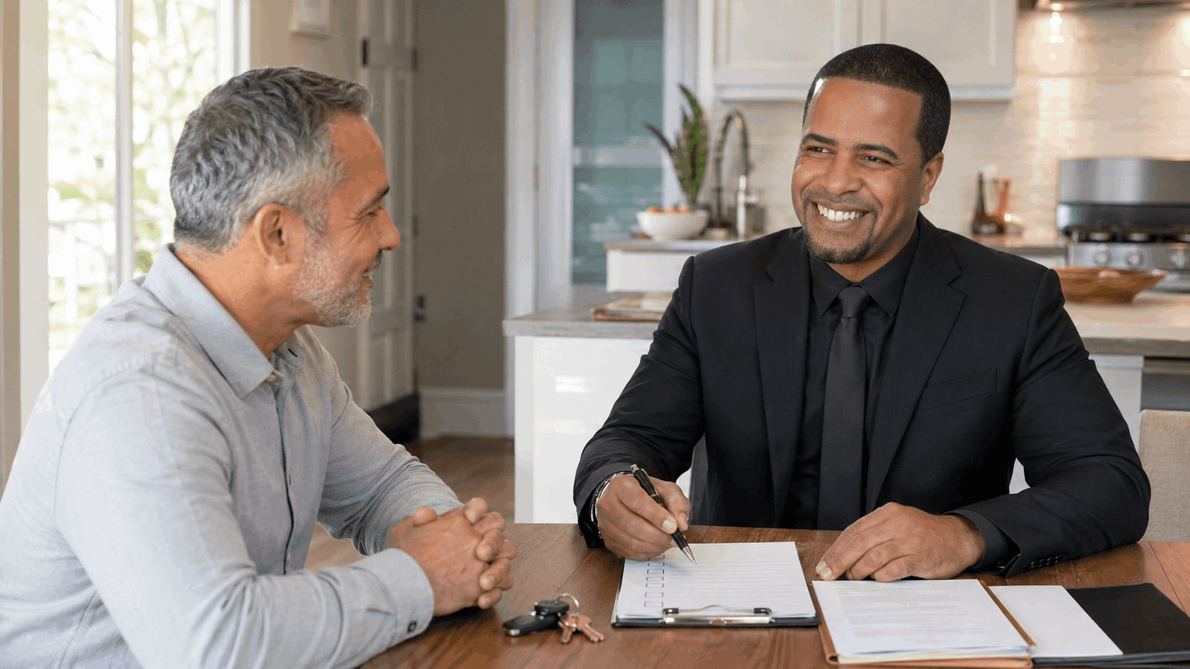 Johnny Rodriguez reviewing an organized home-selling checklist and real estate documents with a relieved North Jersey homeowner during a calm consultation.