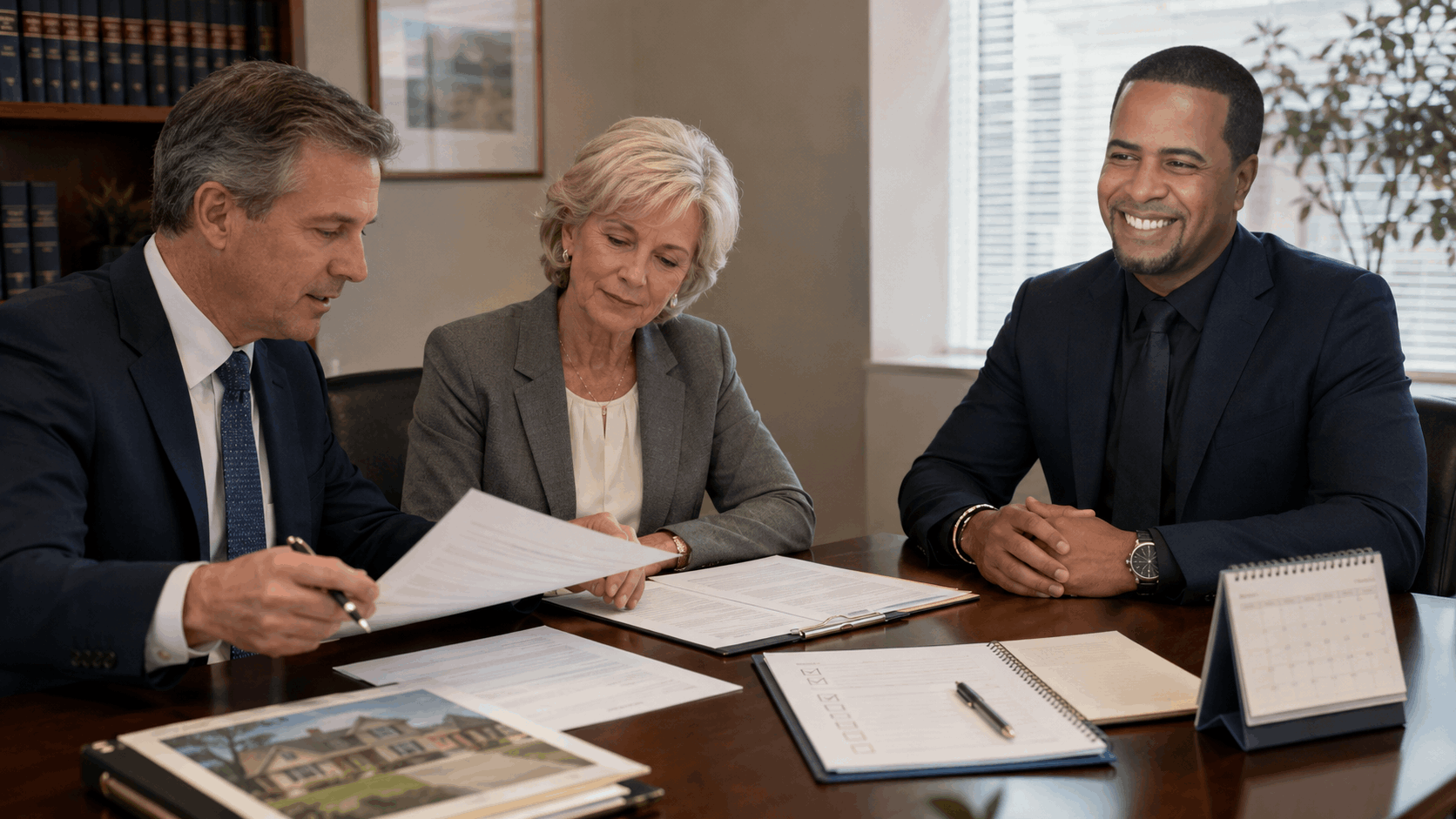 New Jersey estate attorney, executor, and real estate professional reviewing inheritance tax waiver documents, a property deed, calendar, and probate closing checklist.